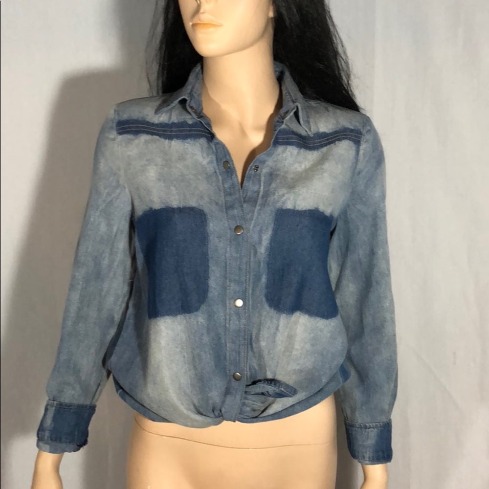 Distress Denim Frayed Long Sleeve  Shirt